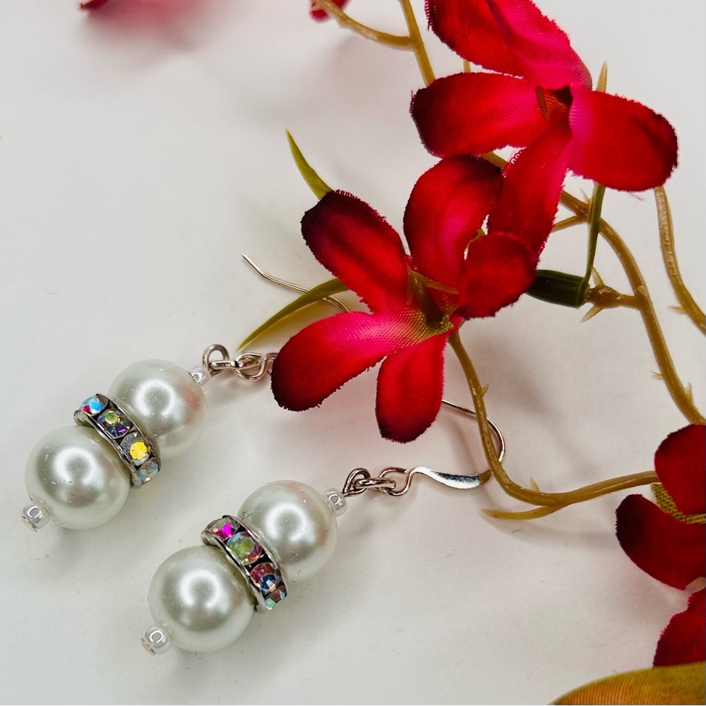 HAND CRAFTED Pearl EARRINGS White Silver Czech Crystal Rondelle Drop NWT - Picture 10 of 10